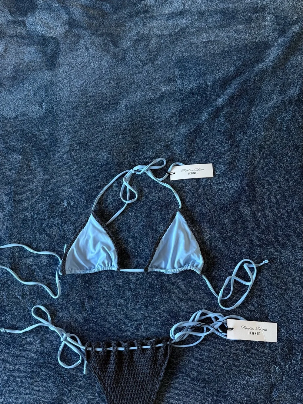 NWT Frankies Bikinis X Jennie Two-Tone Blue Triangle Crochet Bikini Set👙💙🩵